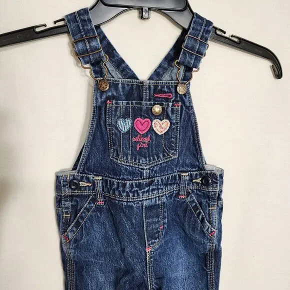 OshKosh Bgosh Toddler Girls Vestbak Overalls 18mo Blue Denim Embroidered Hearts - Picture 3 of 10